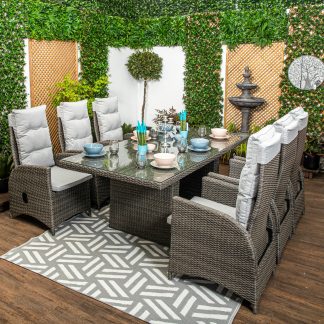 St. Tropez - Luxury Rattan Garden Furniture - Dining Table With Six Reclining Dining Chairs in Anthracite With Soft Grey Cushions