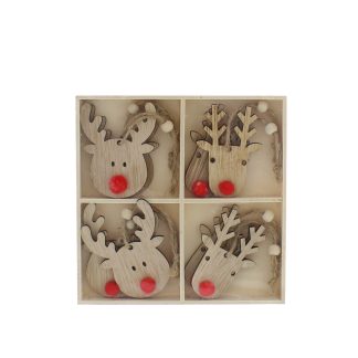 Christmas Tree Decorations - Wooden Reindeer Heads - Pack of 8