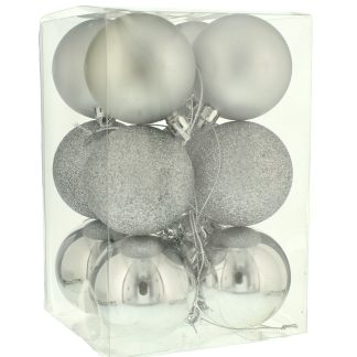 Christmas Tree Decorations - Silver Bauble Selection - Pack of 12
