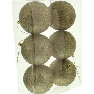 Christmas Tree Decorations - Champagne Gold Glitter Baubles - Pack of 6