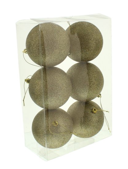 Christmas Tree Decorations - Champagne Gold Glitter Baubles - Pack of 6