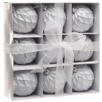 Christmas Tree Decorations - White Diamond Baubles - Pack of 9