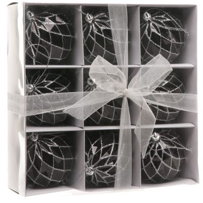 Christmas Tree Decorations - Black Diamond Baubles - Pack of 9
