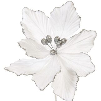 Christmas Floristry Decoration  -  Bright White Velvet Magnolia Stem