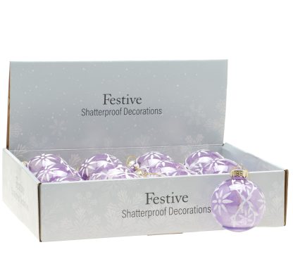 Christmas Tree Decorations - Lilac Glitter Flower Baubles - Pack of 12