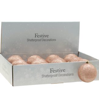 Christmas Tree Decorations - Rose Gold Glitter Baubles - Pack of 12