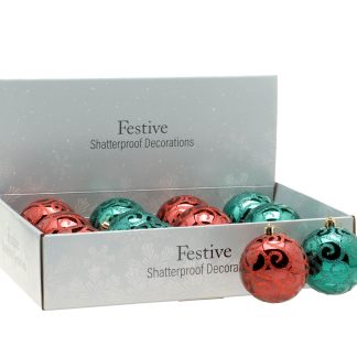 Christmas Tree Decorations - Red And Green Glitter Baubles  - Pack of 12