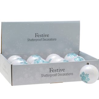 Christmas Tree Decorations - White And Blue Snowflake -  Glitter Baubles  - Pack of 12