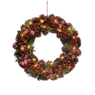 Christmas Wreath - Battery Operated Pre-Lit Tartan Ribbon - Approx 45cm