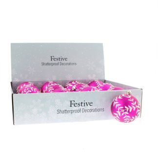 Christmas Tree Decorations - Pink And White Leaf Design Baubles - Pack of 12
