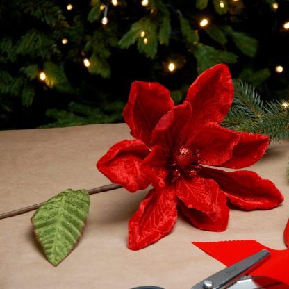Christmas Floristry Decoration  - Red Velvet Magnolia Stem