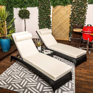 Savona - Luxury Loungers #blk - Pair of Black Rattan Sun Loungers With Cream Cushions And Side Table