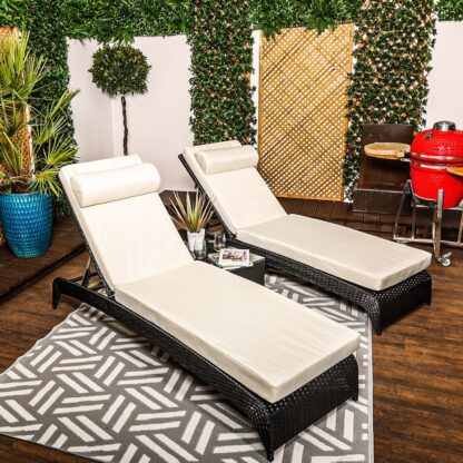 Savona - Luxury Loungers #blk - Pair of Black Rattan Sun Loungers With Cream Cushions And Side Table