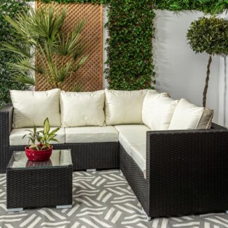 Mykonos - Black & Cream - Compact Corner Sofa Set in Classic Black Rattan With Glass Topped Coffee Table & Cream Cushions