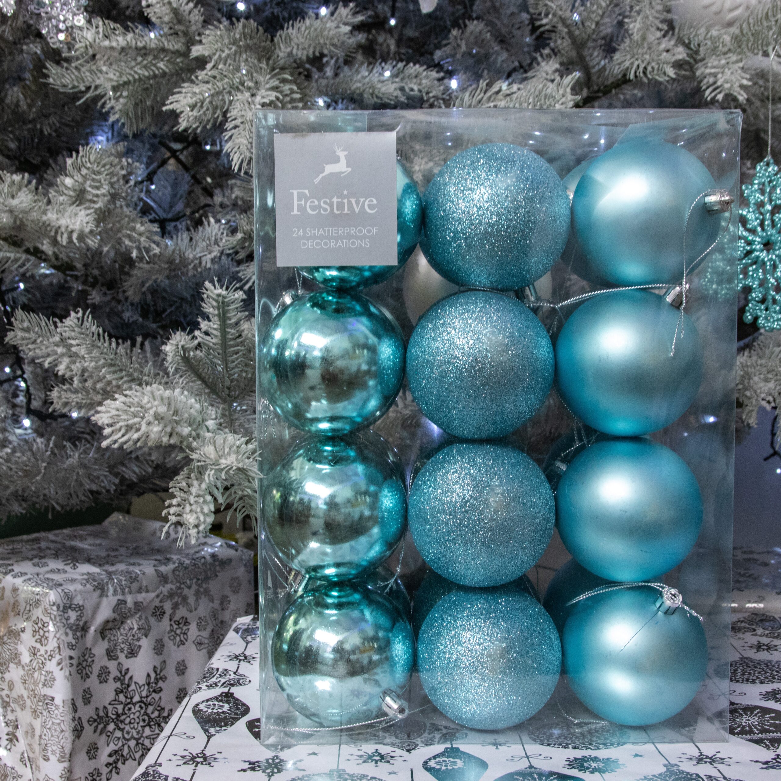 Christmas Tree Decorations - Assorted Duck Egg Blue Baubles  - Pack of 24