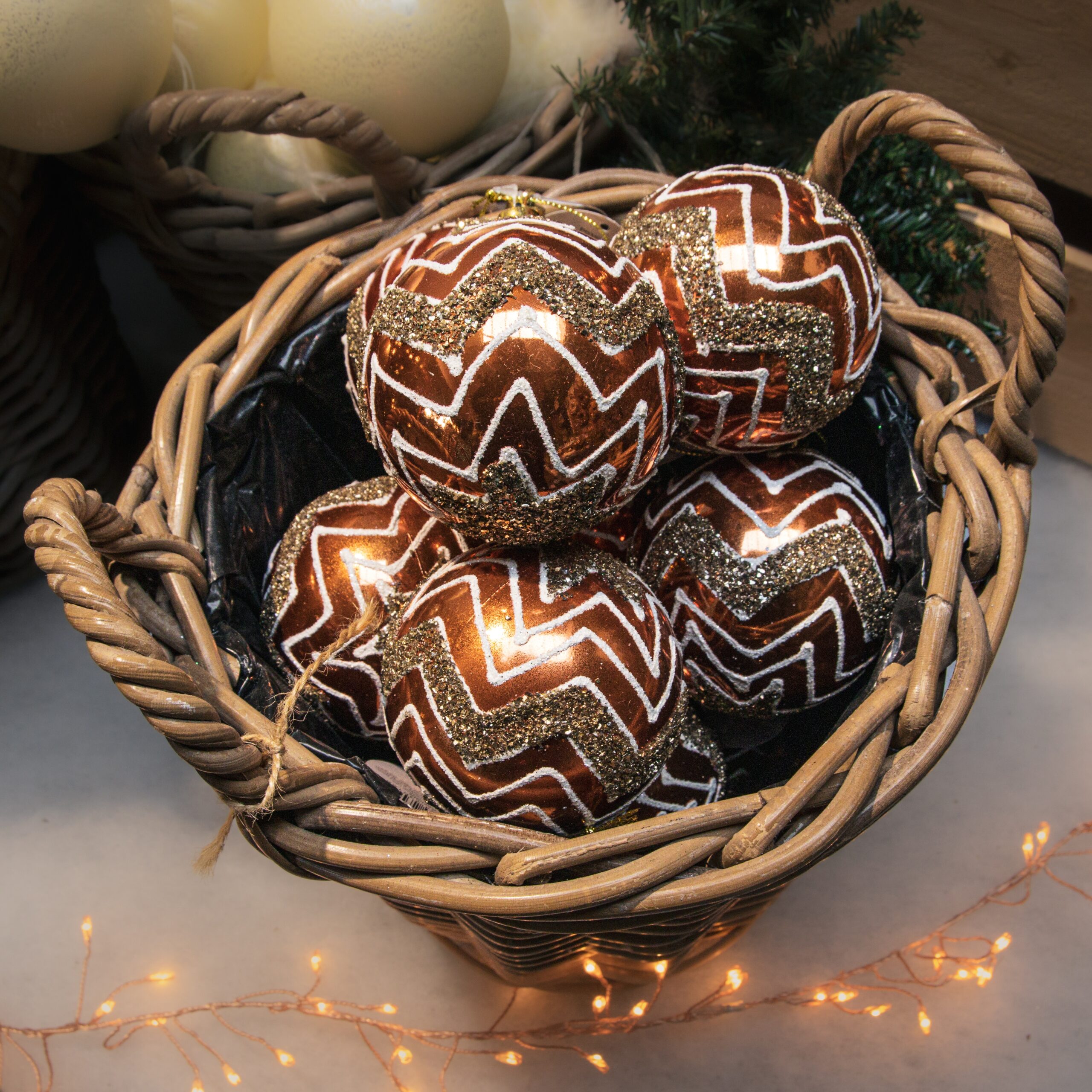 Christmas Tree Decorations - Copper With Zig Zag Design Baubles - Pack of 12
