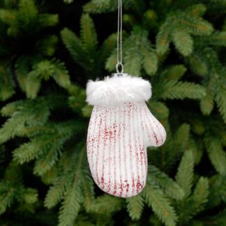 Christmas Decoration - White Glass Mitten With Red Glitter