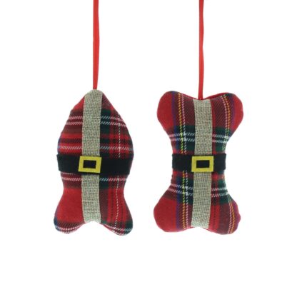 Christmas Decoration - Hanging Assorted Tartan Fish And Bone Decoration - Pack of 2