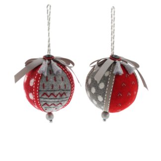 Christmas Decoration - Assorted Red And Grey Ribbon Bauble - Pack of 2