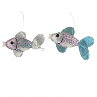 Christmas Tree Decoration - Metalic Look Pink And Blue Fish - Pack of 2