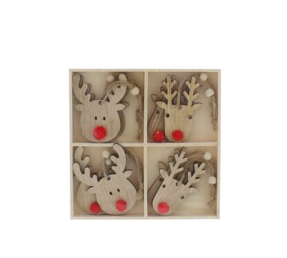Christmas Tree Decorations - Wooden Reindeer Heads - Pack of 8