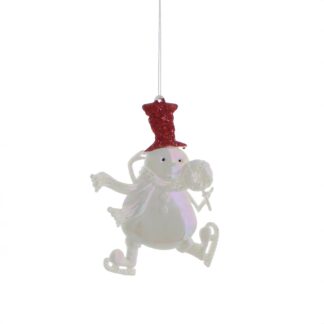 Christmas Decoration - White Iridescent Snowman With Red Hat