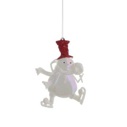 Christmas Decoration - White Iridescent Snowman With Red Hat