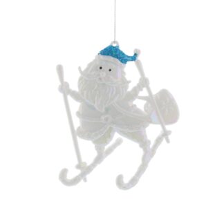 Christmas Tree Decoration - White Iridescent Skiing Santa With Blue Hat