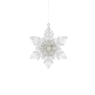 Christmas Tree Decoration - Wooden White Glitter Snowflake With Pearl