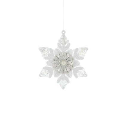 Christmas Tree Decoration - Wooden White Glitter Snowflake With Pearl