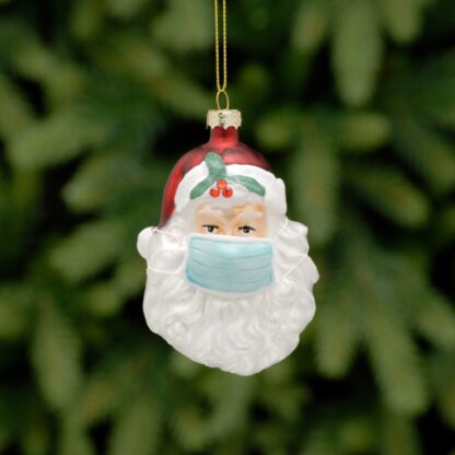 Christmas Tree Decoration - Glass Santa Head With Surgical Mask