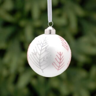 Christmas Tree Decoration - Matt White With Red Twig Tree Glass Bauble