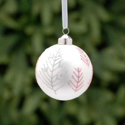 Christmas Tree Decoration - Matt White With Red Twig Tree Glass Bauble