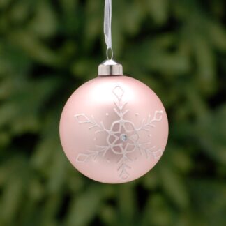 Christmas Tree Decoration - Blush Pink With White Glitter Snowflakes Glass Bauble