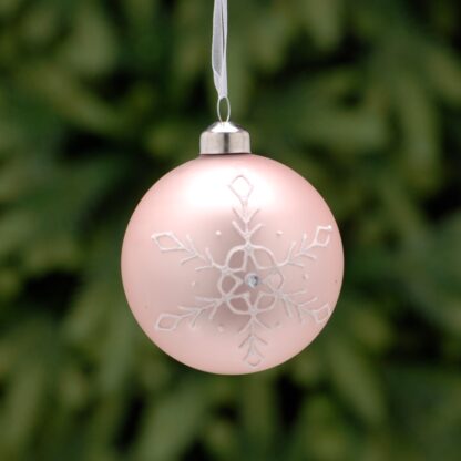 Christmas Tree Decoration - Blush Pink With White Glitter Snowflakes Glass Bauble