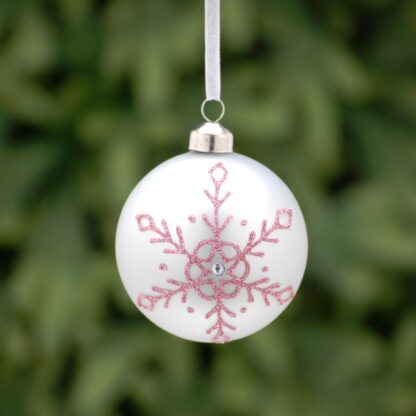 Christmas Tree Decoration - Matt Grey With Glitter Snowflake Glass Bauble
