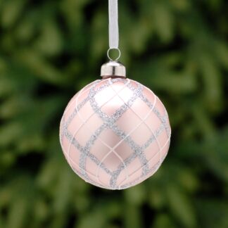 Christmas Tree Decoration - Matt Pink Glass Bauble With Silver Tartan Design
