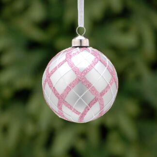 Christmas Tree Decoration - Matt Grey Glass Bauble With Blush Pink Tartan