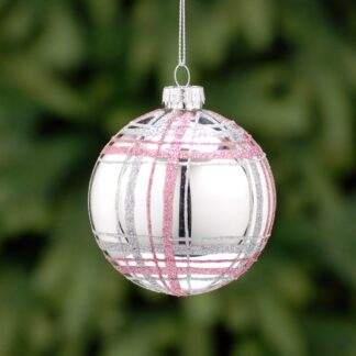 Christmas Tree Decoration - Silver And Blush Pink Tartan Glass Bauble