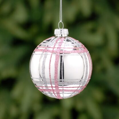 Christmas Tree Decoration - Silver And Blush Pink Tartan Glass Bauble
