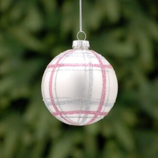 Christmas Tree Decoration - Matt Silver And Blush Pink Tartan Glass Bauble