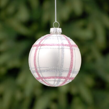 Christmas Tree Decoration - Matt Silver And Blush Pink Tartan Glass Bauble