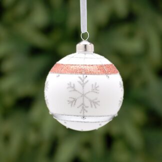 Christmas Tree Decoration - Matt White Bauble With Grey And Pink Band