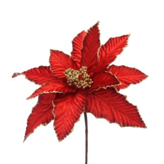 Christmas Decoration - Red With Gold Glitter Poinsettia Stem - 35cm