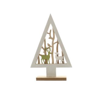 Christmas Table Decoration - Wooden Tree With Reindeer Inside