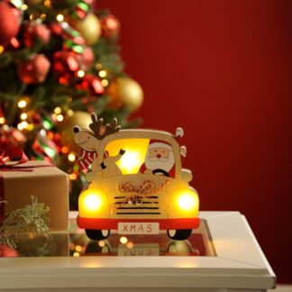 Christmas Decoration - Led Wooden Car With Reindeer And Santa