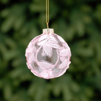 Christmas Tree Decoration - Clear With Pink Leaf Glass Bauble