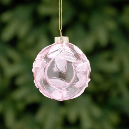 Christmas Tree Decoration - Clear With Pink Leaf Glass Bauble