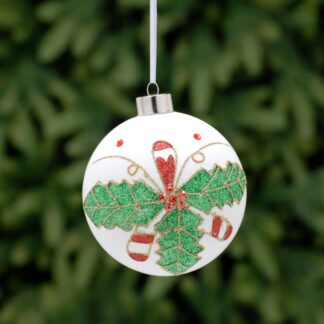 Christmas Decoration - Candy Cane Glass Bauble With Green Holly Leaf Design