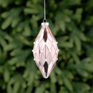 Christmas Tree Decoration - Rose Gold With Silver Glitter Lines Glass Olive Bauble